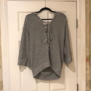 Trendy lace-up front gray sweater with hood